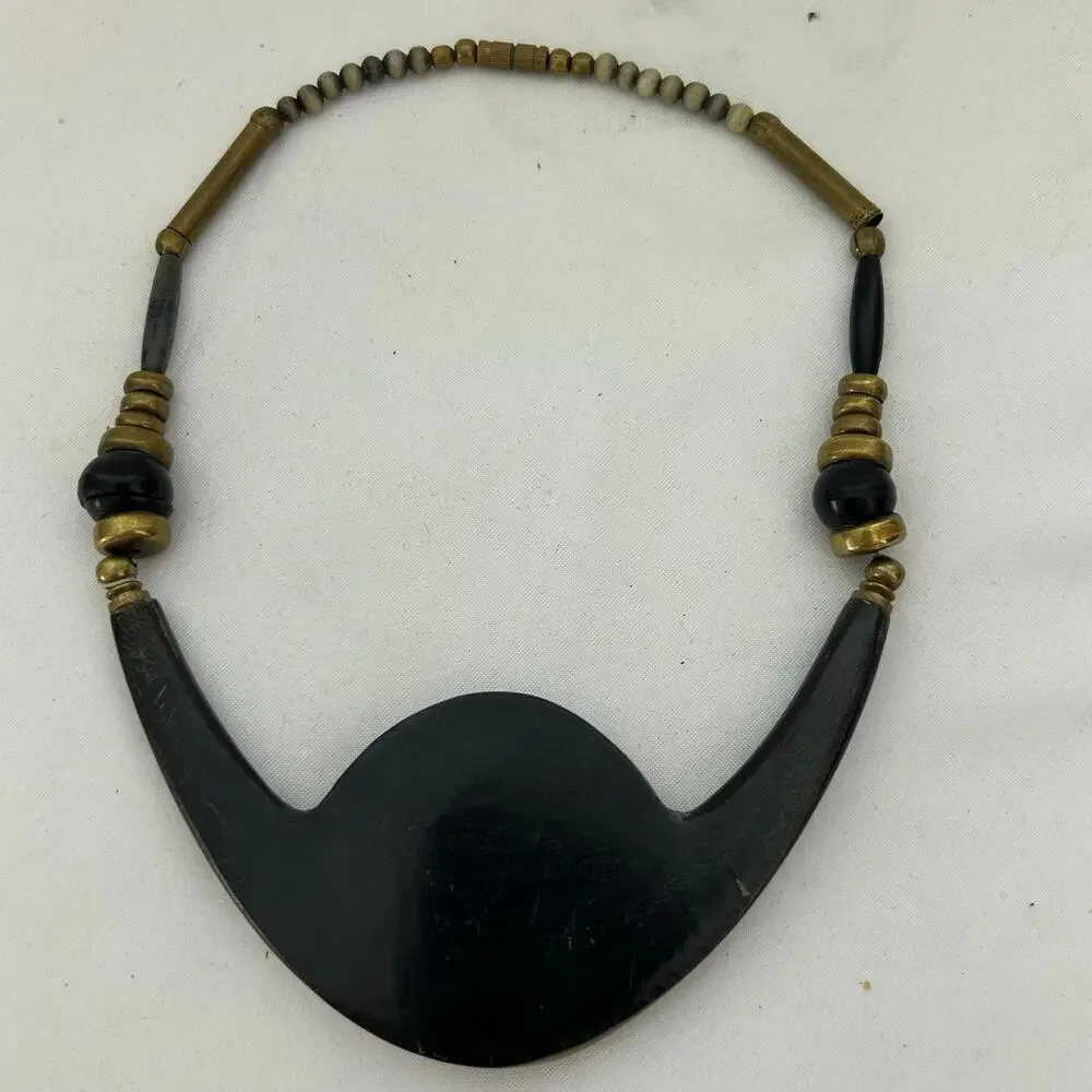 Artisan wood Statement Necklace Black Brown Geometric Inlay Tribal Boho 20”